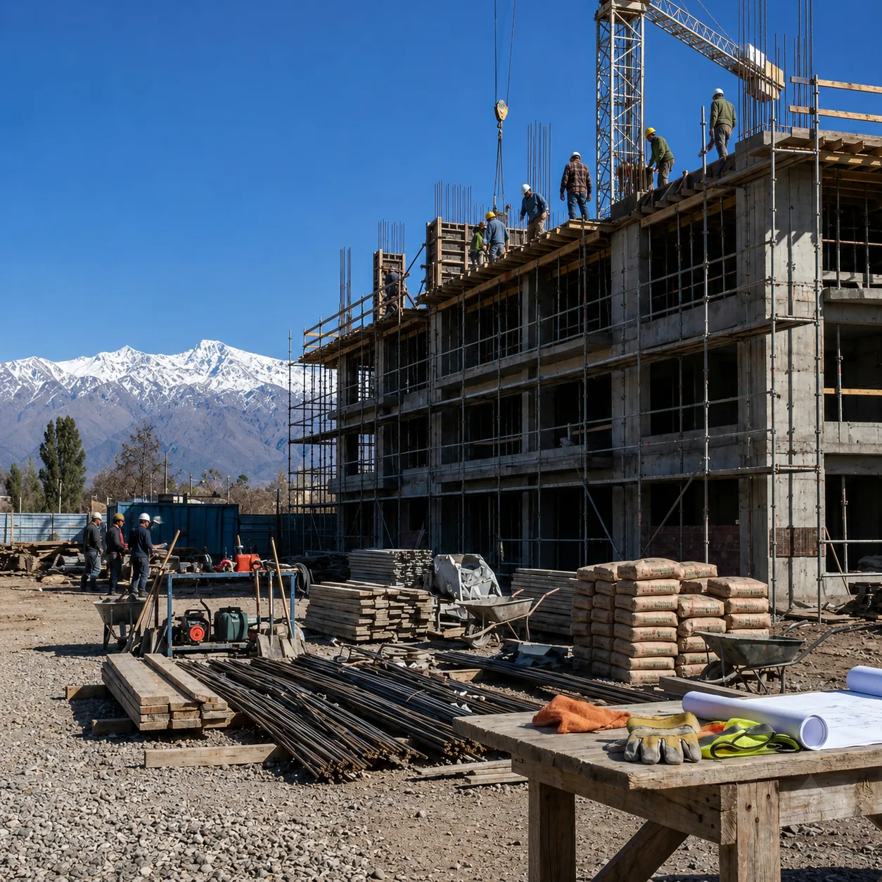 Obra en construcci&oacute;n con los Andes de fondo, Mendoza